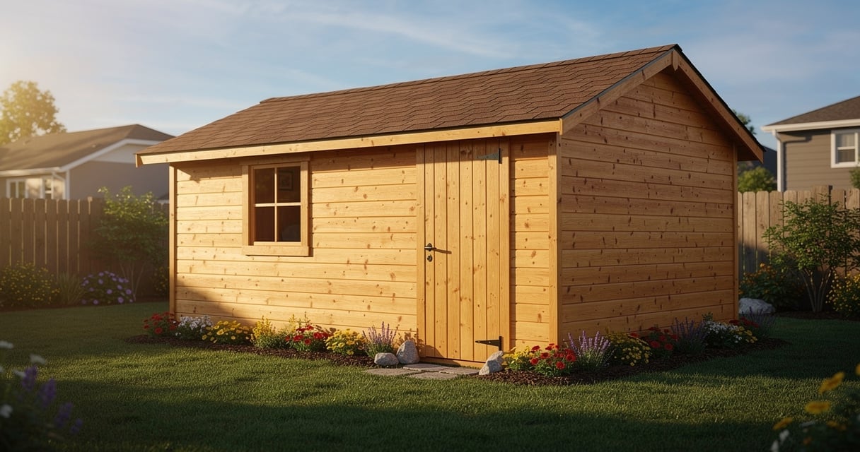 Abri de jardin en bois terminé installé dans un jardin verdoyant