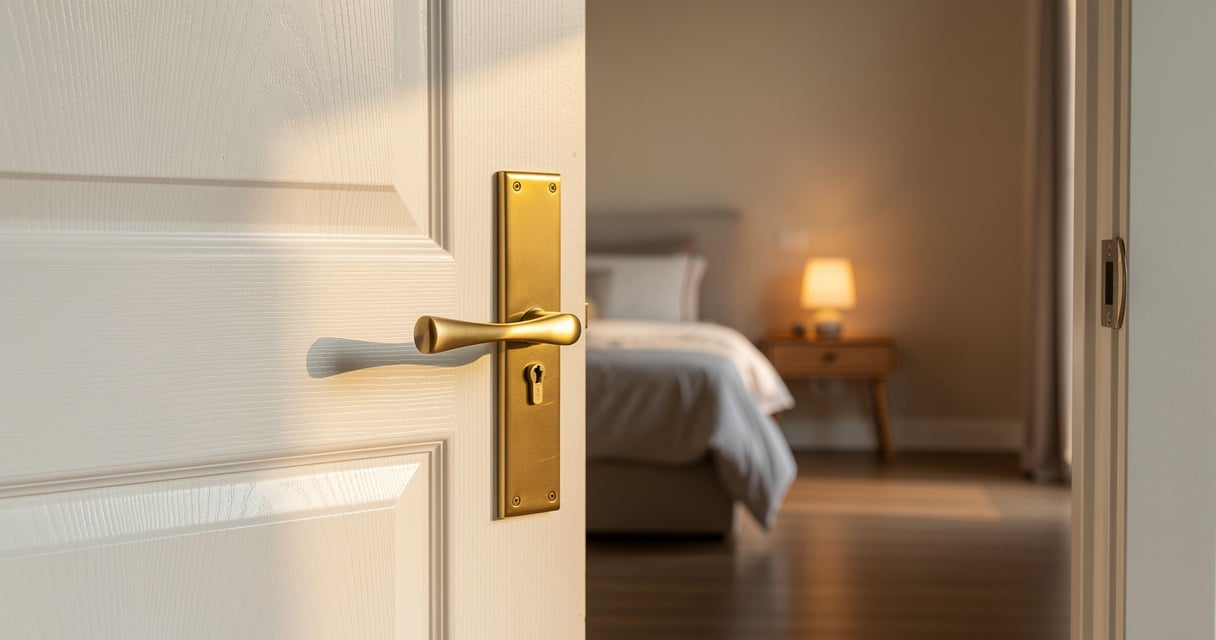 Porte de chambre blanche entrouverte sur une chambre lumineuse