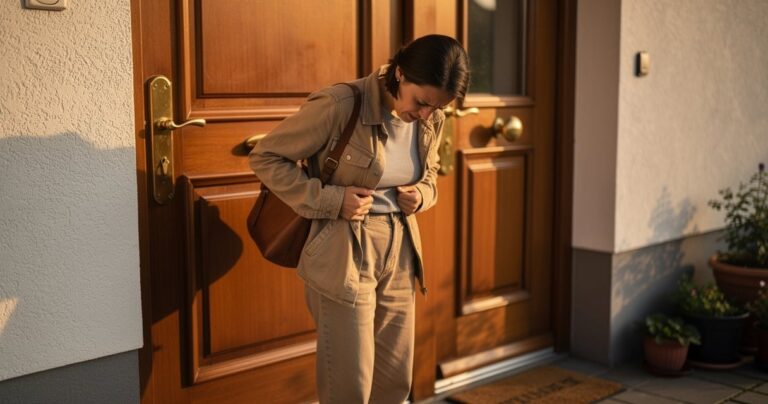Personne cherchant ses clés perdues devant une porte fermée