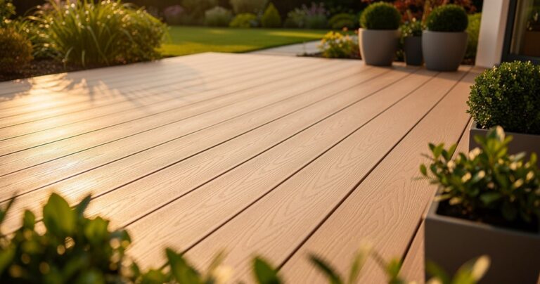 Terrasse en bois composite propre et bien entretenue dans un jardin moderne