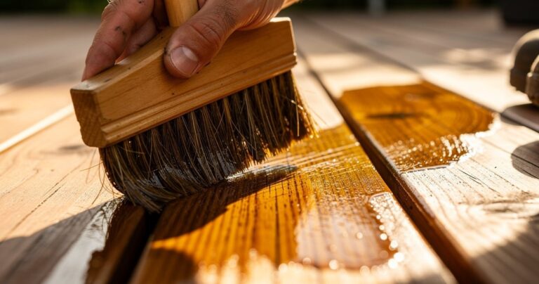 Application d'une huile pour bois extérieur au pinceau sur une terrasse en bois