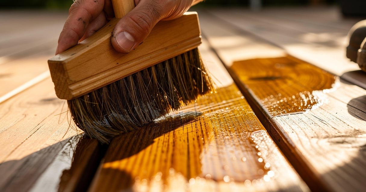 Application d'une huile pour bois extérieur au pinceau sur une terrasse en bois