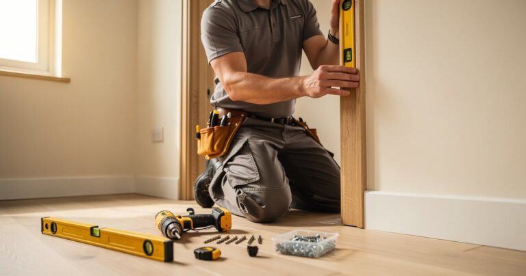 Installation d'une huisserie de porte en bois dans une pièce en rénovation