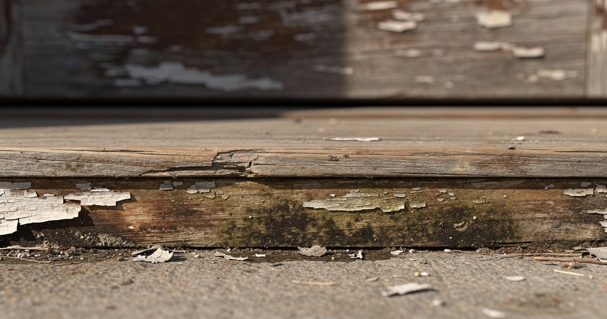Porte d'entrée en bois abimée par l'humidité avec taches de moisissures