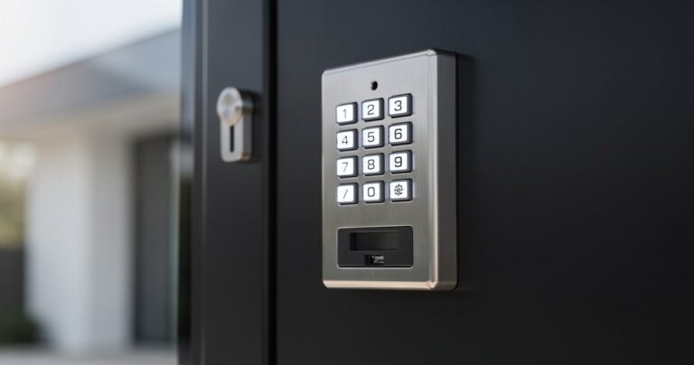 Digicode moderne installé sur une porte d'entrée résidentielle