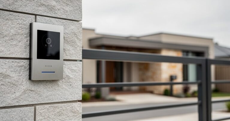 Platine d'interphone sans fil fixée sur un pilier en pierre à côté d'un portail