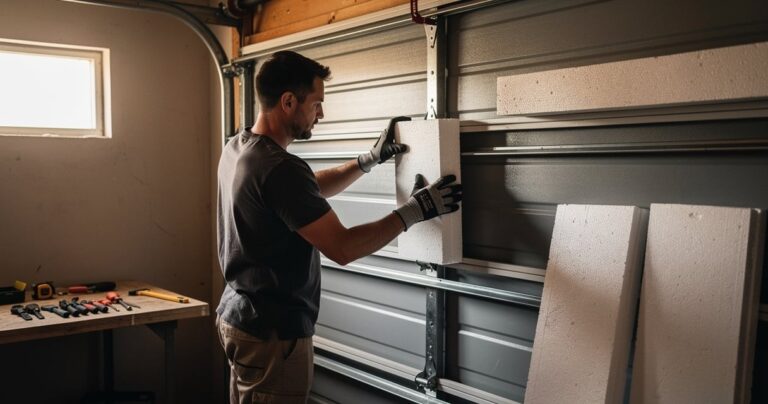 Pose de panneaux isolants sur la face intérieure d une porte de garage