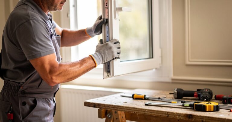 Artisan installant une fenêtre PVC double vitrage dans une maison en rénovation