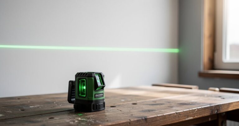 Niveau laser vert posé sur un établi en bois projetant une ligne horizontale