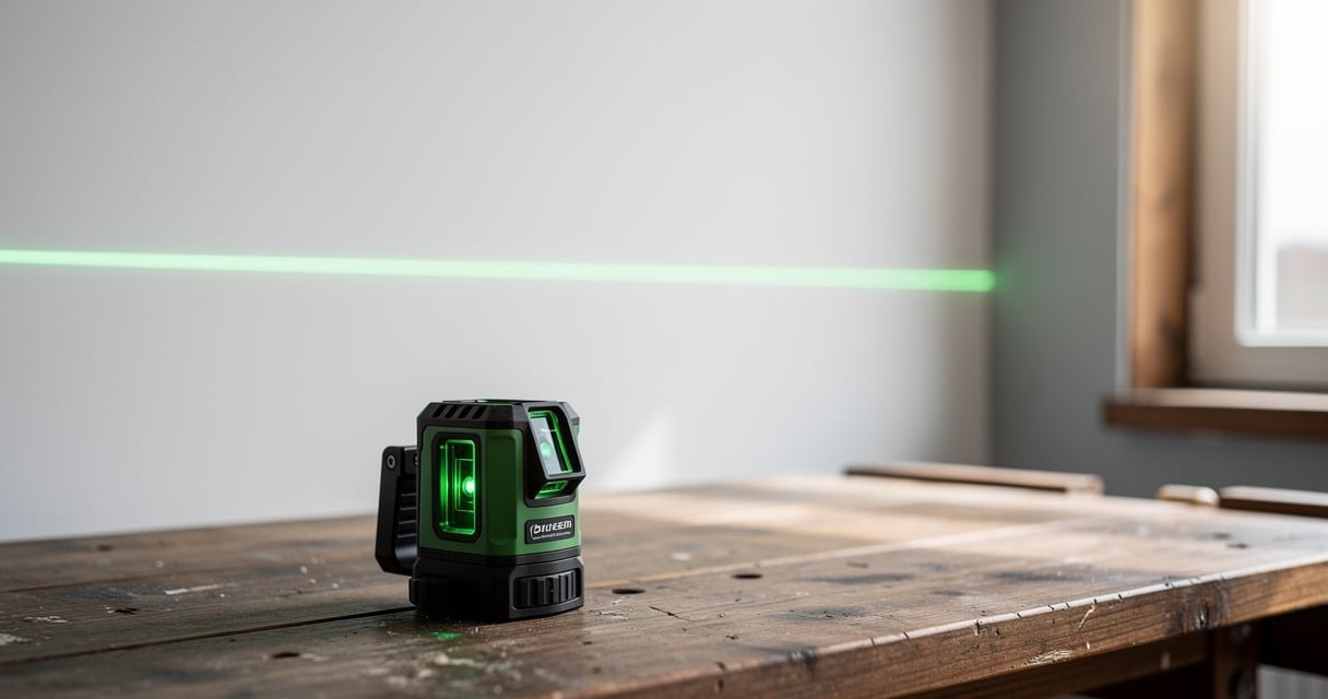 Niveau laser vert posé sur un établi en bois projetant une ligne horizontale