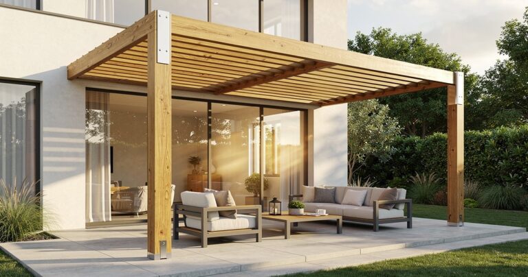 Pergola bioclimatique en bois Douglas adossée à une maison contemporaine avec lames orientables