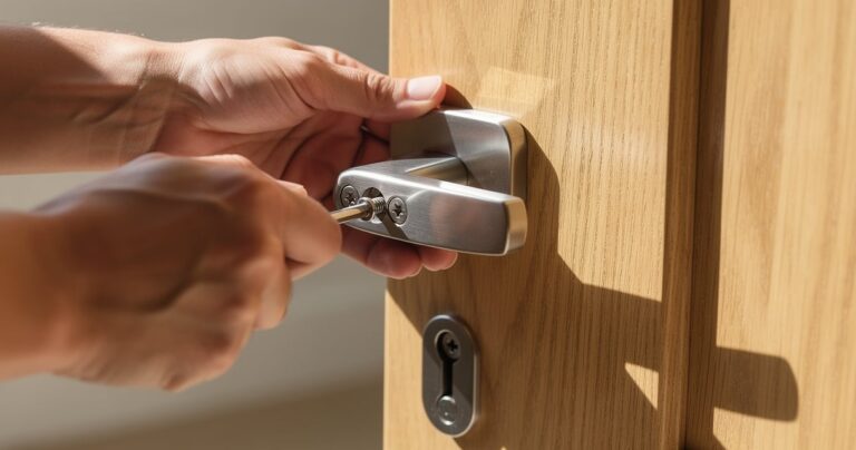 Installation d'une poignée de porte en inox brossé sur une porte intérieure en bois