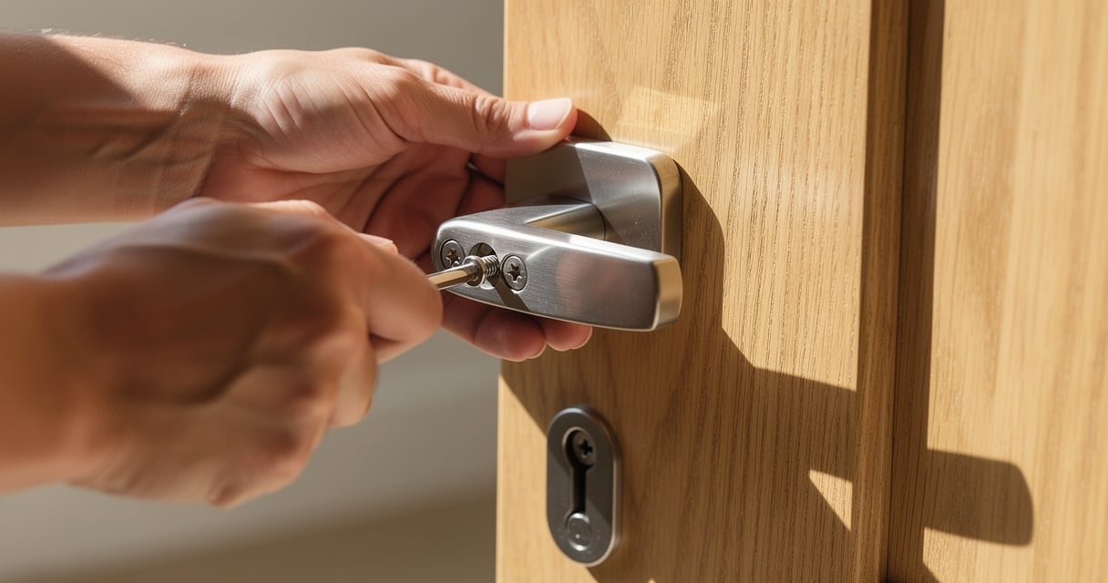 Installation d'une poignée de porte en inox brossé sur une porte intérieure en bois