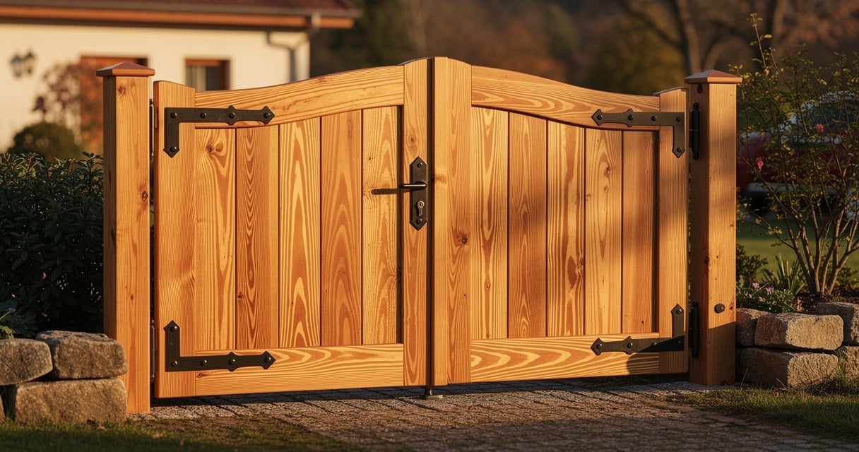 Portail bois double battant fabrique maison en douglas a l entree d une propriete