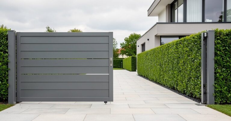 Portail coulissant motorisé en aluminium gris s'ouvrant à l'entrée d'une maison