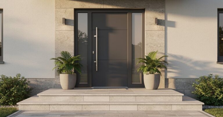 Porte d'entrée PVC grise moderne sur une façade de maison résidentielle