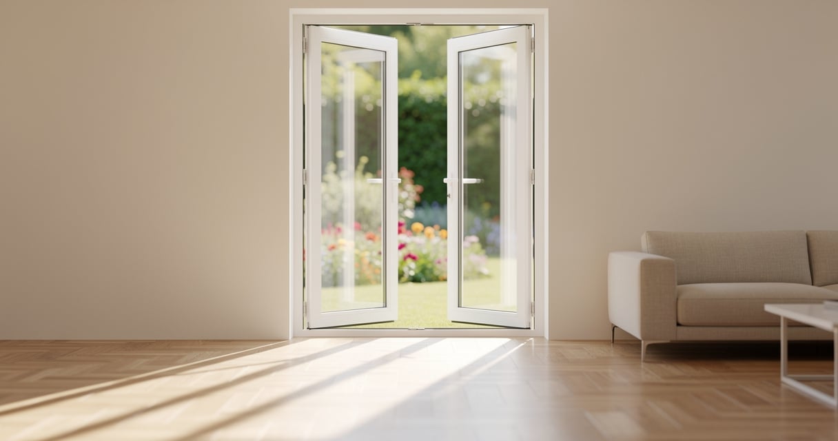 Porte-fenêtre en PVC blanc ouverte sur un jardin ensoleillé depuis un salon moderne