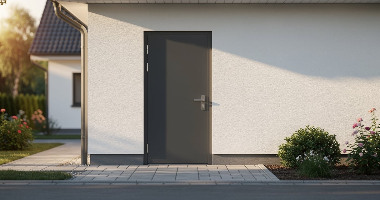 Porte de service en aluminium gris anthracite installee sur le cote d un garage residentiel