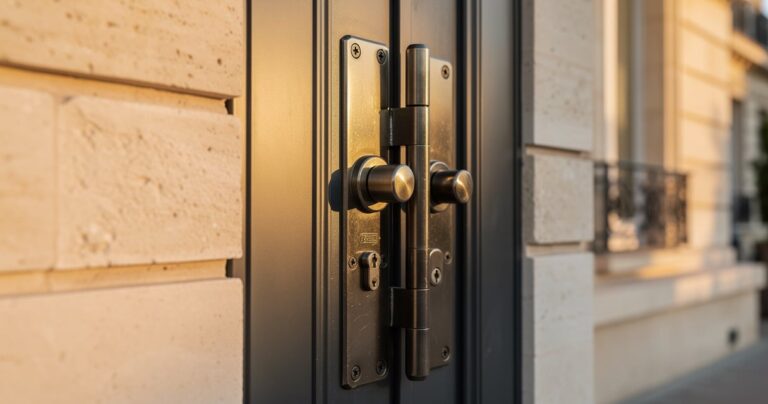 Porte anti-effraction certifiee installee sur une maison francaise, serrure multipoints visible