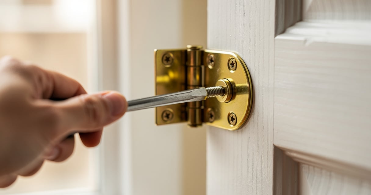 Main resserrant les vis de gond d'une porte en bois blanc avec un tournevis