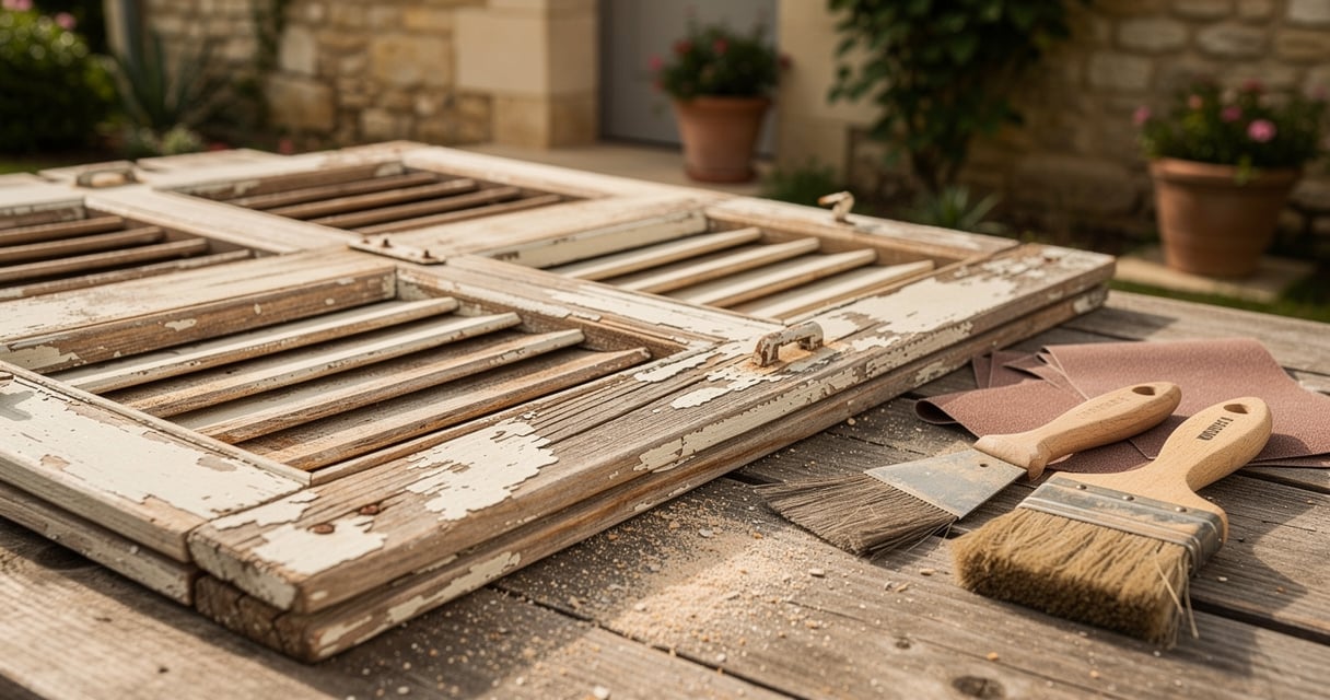 Volets en bois en cours de rénovation avec outils de ponçage sur un établi en extérieur