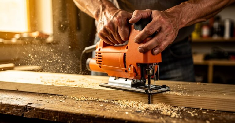 Découpe d'une planche de bois à la scie sauteuse sur un établi