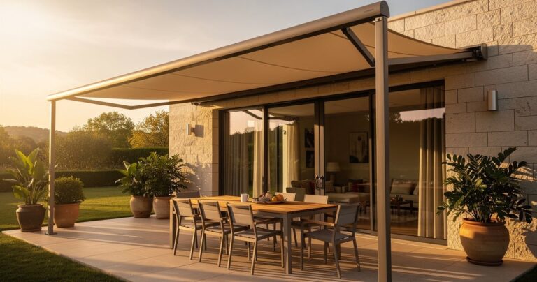Store banne beige deploye au-dessus d'une terrasse moderne avec mobilier en bois