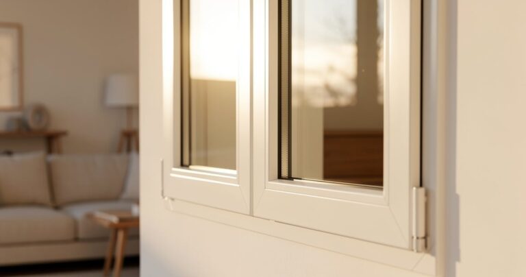 Fenêtre double vitrage moderne dans un salon lumineux au soleil de fin de journée