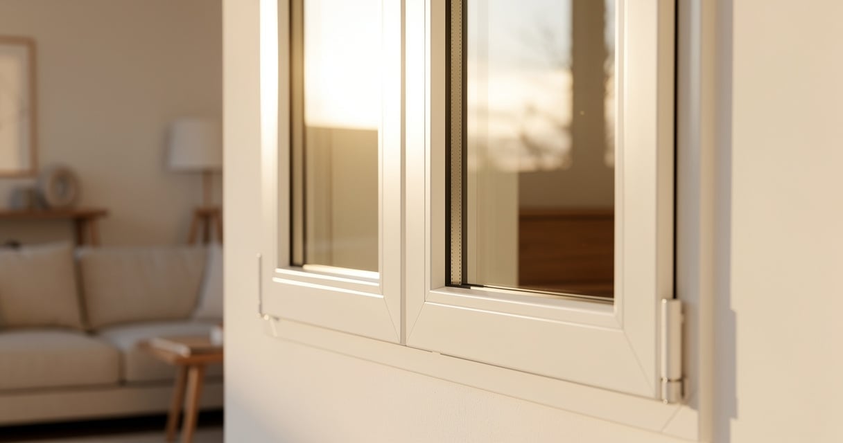 Fenêtre double vitrage moderne dans un salon lumineux au soleil de fin de journée